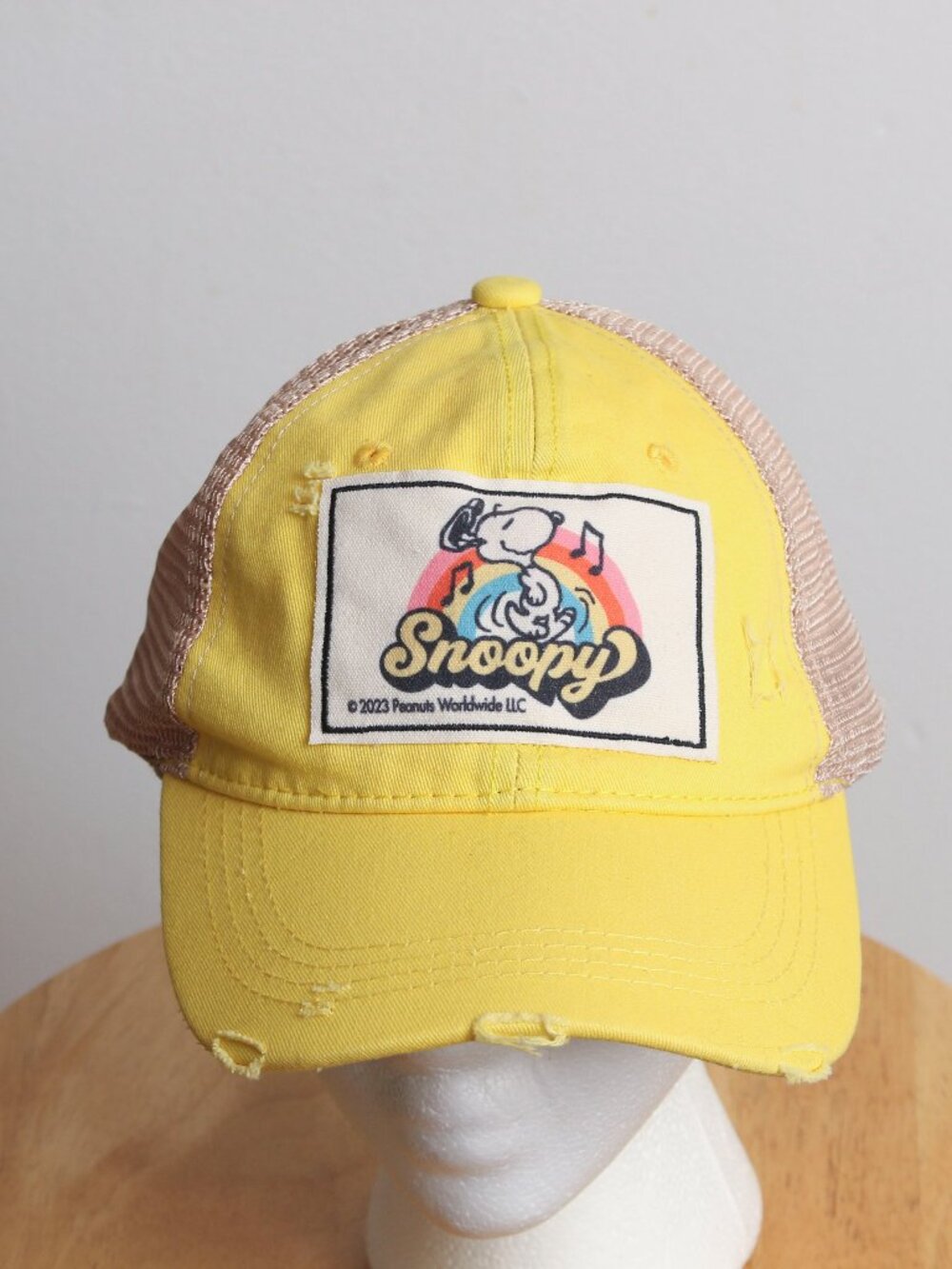 Snoopy Peanuts Hat Womens OS Yellow Distressed Snapback